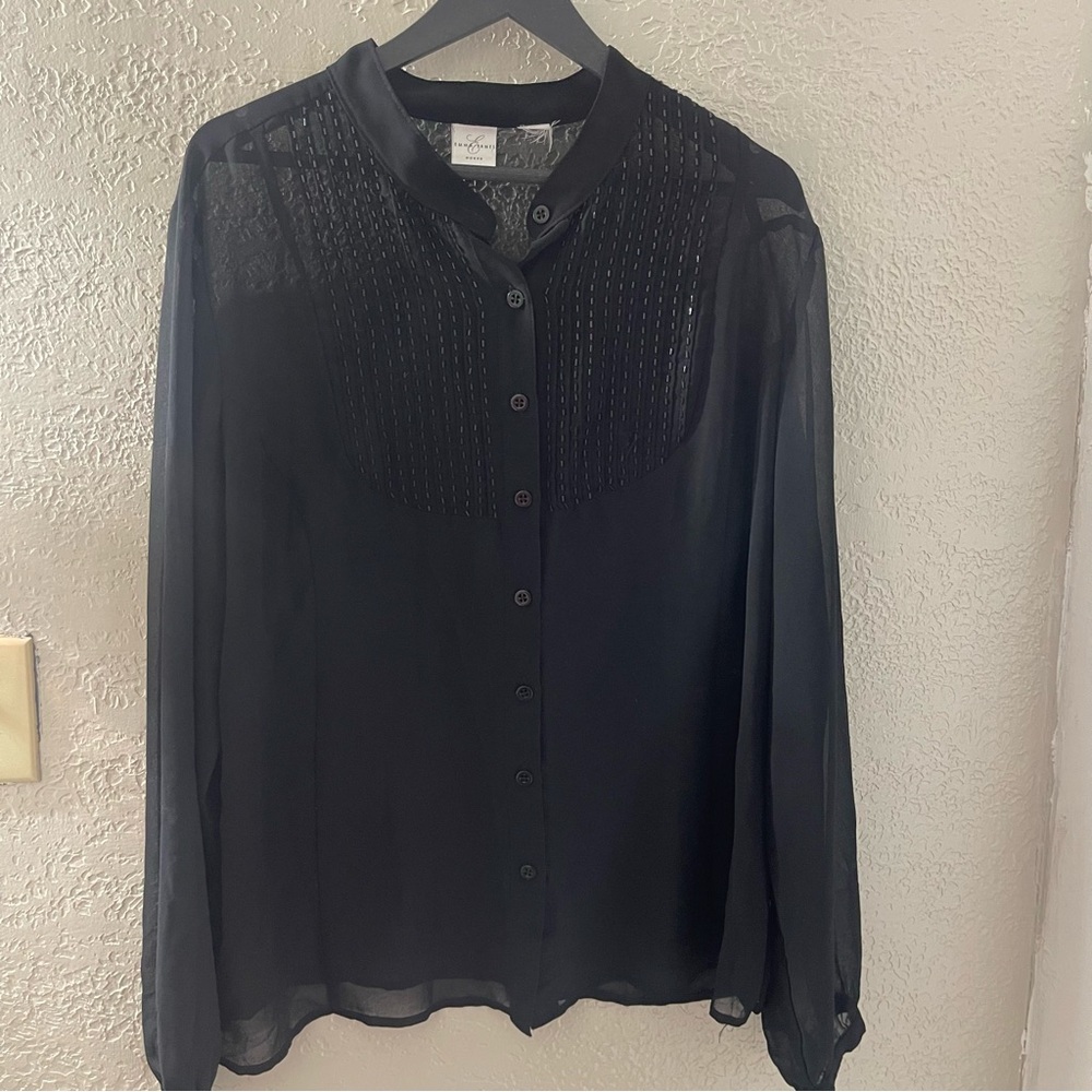 Emma James Women’s Black Sheer Beaded Pattern Blouse Size XL